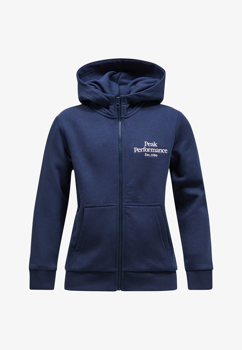 Felpa con zip blu navy realizzata in tessuto morbido, caratterizzata da un logo frontale, tasche a marsupio e polsini e orlo a costine.