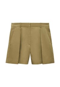 Pantaloni shorts khaki sartoriali con vita alta, pieghe e tasche laterali. Realizzati in un tessuto liscio e robusto con una vestibilità strutturata.