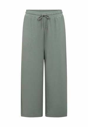 Pantalons larges cropped de couleur vert clair, fabriqués en tissu doux, dotés d'une taille élastique avec un cordon de serrage pour un ajustement réglable.