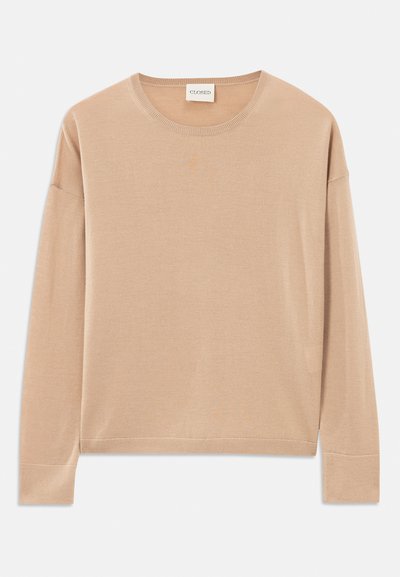 Sweater bege de mangas longas com decote redondo, corte solto e detalhes canelados nos punhos e na bainha. Textura suave e macia com um design minimalista.