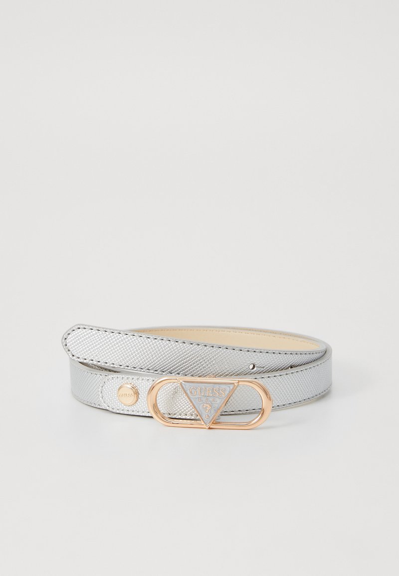Silver textured belt with a triangular rose gold buckle featuring the brand name. The strap has a smooth interior and pinholes for adjustment.