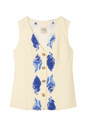 Ärmellose beige Weste mit blauen Muschelmuster entlang der Vorderseite und vier hellbraunen Knöpfen, Marke FatFace, Größe M.