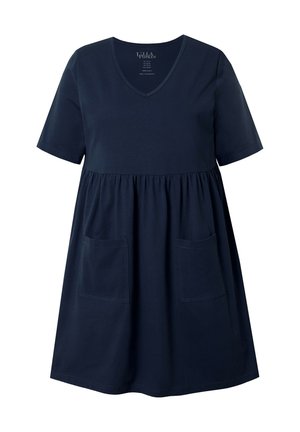 Dunkelblaues Kurzarmkleid mit V-Ausschnitt, Empire-Taille und zwei Vorderentaschen; aus weichem Baumwollstoff mit lässiger Passform.