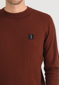 Maglione a maglia texturizzato color marrone bordeaux con scollo a girocollo e una piccola toppa quadrata nera con una lettera "J" bianca sul petto.