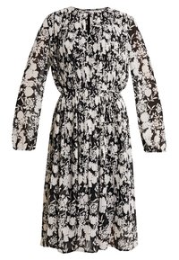 Blommig klänning i svart och vitt, med långa ärmar, samlad midja och en flödande plisserad design. Nyckelhålsdetalj vid halsringningen.