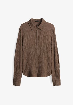 Bruine, gestructureerde, lange mouwen overhemd met een kraag, sluiting met knopen aan de voorkant en een ontspannen pasvorm. Heeft een subtiel patroon door de stof.