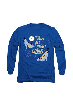 Long-sleeve blue shirt featuring graphic of high-heeled shoes, clock, and text "I COULD DANCE ALL NIGHT LONG" in yellow and white.