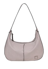 Borsa a spalla in morbida pelle grigia chiara, con una singola tracolla curva, chiusura con zip superiore e cuciture decorative nere lungo i bordi.