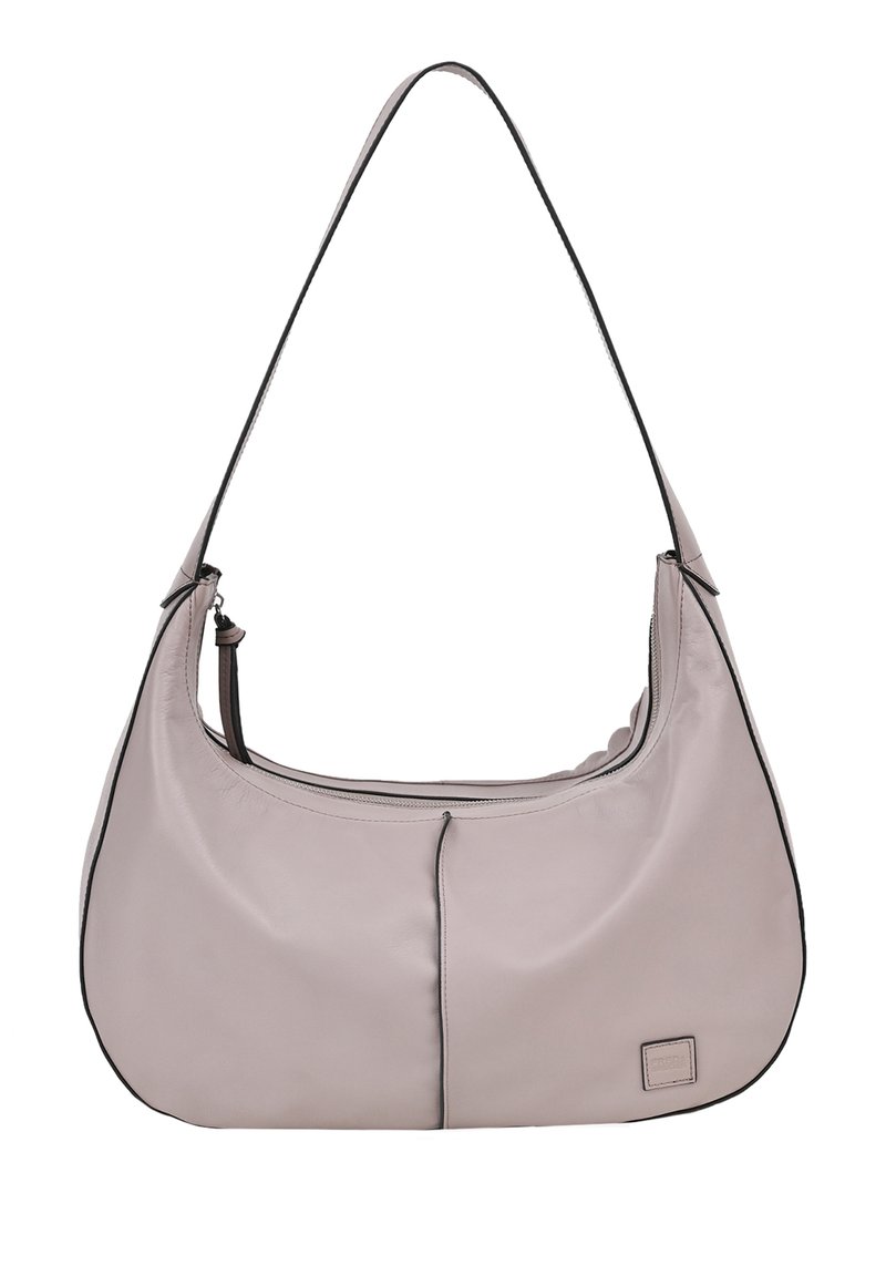 Borsa a spalla in morbida pelle grigia chiara, con una singola tracolla curva, chiusura con zip superiore e cuciture decorative nere lungo i bordi.