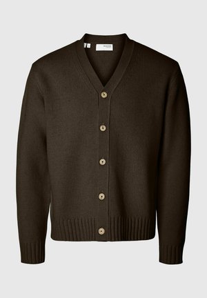 Cardigan marrone lavorato a maglia con scollo a V, polsini e bordo a coste, caratterizzato da una chiusura con bottoni beige e una superficie texturizzata.