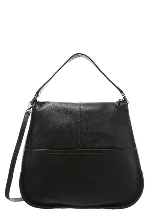 Zwarte leren handtas met handvat bovenop en afneembare schouderriem, met een hoofdvak met rits en minimalistische stikdetails.