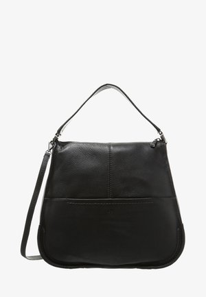 Sac à main en cuir noir avec poignée supérieure et bandoulière amovible, doté d'un compartiment principal zippé et de détails de couture minimalistes.