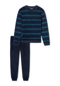 Navy blue loungewear set featuring a long-sleeve top with turquoise stripes and matching jogger pants. Soft, textured fabric.