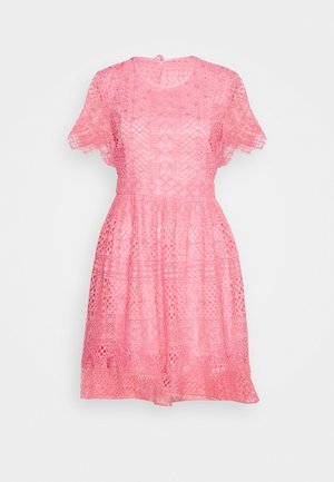 Robe courte en dentelle rose à manches courtes, avec encolure ronde, taille cintrée et jupe évasée, présentant des motifs floraux et géométriques complexes.