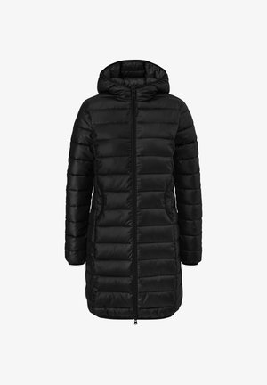 Schwarze Steppjacke mit Kapuze, ausgestattet mit genähten Bereichen für Isolierung, seitlichen Taschen und einem durchgehenden Reißverschluss. Glatte Stoffoberfläche.