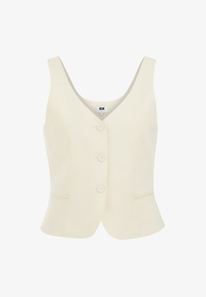 Chaleco sin mangas de color crema con escote en V, cinco botones en la parte delantera y dos bolsillos insertados en las caderas. Acabado de tejido texturizado.