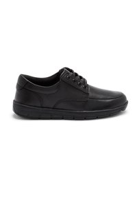 Chaussures à lacets en cuir noir avec une texture lisse, dotées d'un bout arrondi et d'une semelle en caoutchouc flexible. Détails de couture le long des côtés.