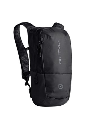 Compact black backpack with padded shoulder straps and vertical ORTOVOX logo on front panel.
