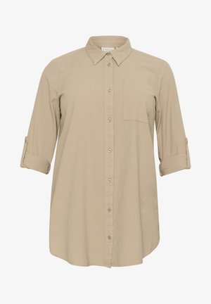 Beige, knoopshirt met een klassieke kraag, één pocket en opgerolde mouwen. Zacht stof met een gladde textuur en een relaxte pasvorm.