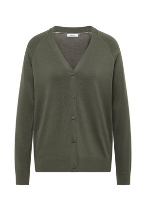 Cardigan boutonné vert olive à manches longues et col en V, confectionné en tissu fin tricoté.