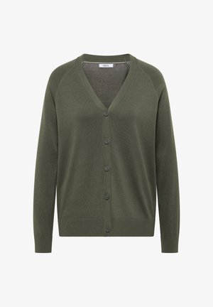 Cardigan boutonné vert olive à manches longues et col en V, confectionné en tissu fin tricoté.