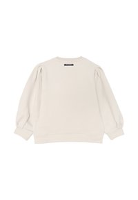 Felpa color beige chiaro con maniche a sbuffo, polsini a costine e scollo rotondo. Caratterizzata da un'etichetta sulla parte posteriore del collo. Tessuto morbido e testurizzato.