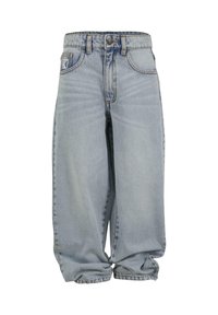 Heledad sinine denim-teksad laia säärekujundusega, millel on nööbid ja lukuga sulgemine, esikotid ja pleekinud tekstuur.
