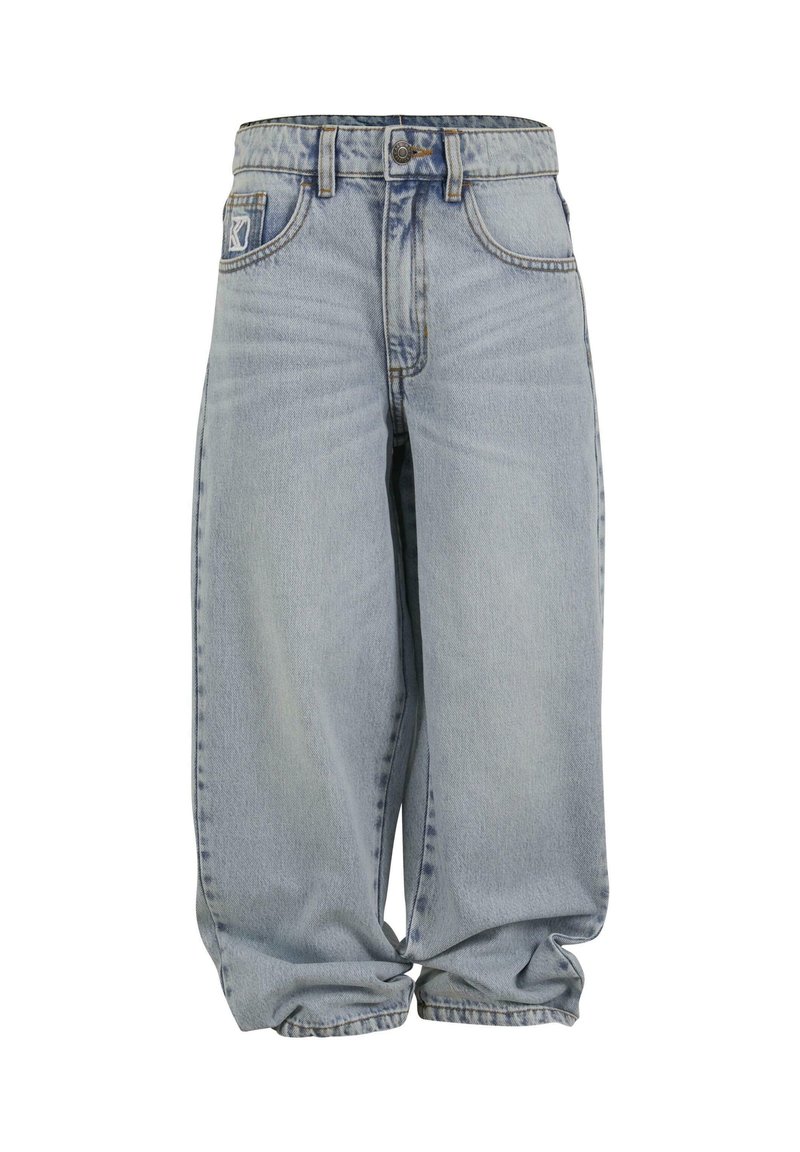 Heledad sinine denim-teksad laia säärekujundusega, millel on nööbid ja lukuga sulgemine, esikotid ja pleekinud tekstuur.