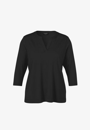 Black women's blouse with three-quarter sleeves and a split neckline, featuring a loose, comfortable fit.