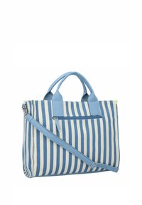 Gestreepte tote bag van lichtblauw en crèmekleurig stof, leren handvatten, afneembare schouderriem en een voorzak met rits.