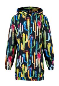 Hooded sweatshirt featuring a black background with brightly colored cactus designs. Made from soft fabric; long sleeves; relaxed fit.