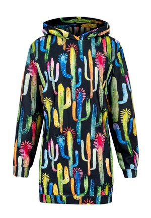 Hoodie met een zwarte achtergrond en felgekleurde cactusontwerpen. Gemaakt van zachte stof; lange mouwen; comfortabele pasvorm.