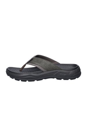 Schwarze und graue Herren-Zehensandale mit strukturiertem Fußbett, Stoffriemen und robuster Sohle, seitlich mit „Arch Fit“ beschriftet.