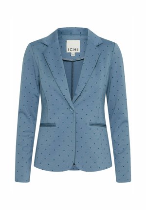 Blue blazer with a notched lapel, dotted pattern in darker blue, single-button closure, two front pockets, and tailored fit.