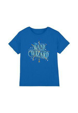 Blue short-sleeve t-shirt with gold and light blue text and wand graphics reading "The Wand Chooses the Wizard."