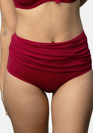 Burgunderfarbene, hochgeschnittene Bikinihose mit gerafftem Stoffdetail und glatter Textur. Geeignet für verschiedene Körpertypen und Größen.