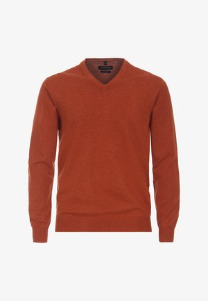 V-Ausschnitt Pullover in rostorange, aus weichem Stoff gefertigt, mit langen Ärmeln sowie gerippten Bündchen und Saum. Dezentes Logo-Detail auf der Brust.