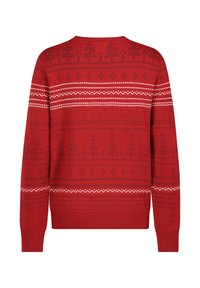 Roter Strickpullover mit einem weißen geometrischen und Baum-Muster, gerippten Bündchen und Saum sowie einem klassischen Rundhalsausschnitt.