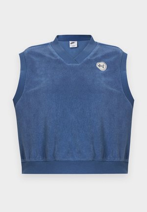 Μπλε αμάνικη ζακέτα από περκάλι Nike με V-λαιμόκοψη και μικρό λευκό και μπλε κεντητό λογότυπο στο αριστερό μέρος του στήθους.