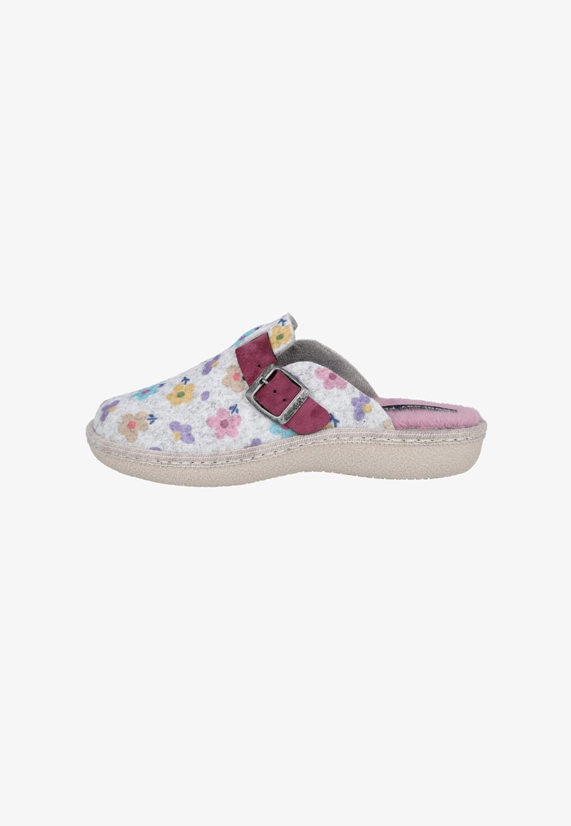 Zapatilla de casa tipo slipping con patrón de flores multicolores, correa ajustable burdeos con hebilla, suela beige y forro interior de peluche rosa.