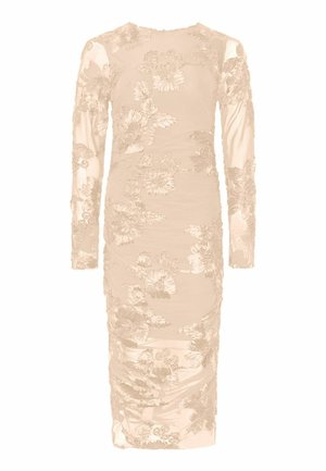 Long-sleeve beige dress with floral embroidery, ruched texture, and a fitted silhouette, made from a soft, sheer fabric.