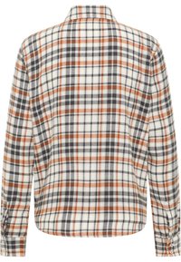 Plaid shirt in white, black, and orange hues. Features a collared design, button cuffs, and a textured fabric with a soft finish.