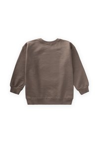 Felpa in cotone marrone con maniche lunghe, polsini e orlo a coste, presenta una superficie liscia e testurizzata, e un classico scollo rotondo.