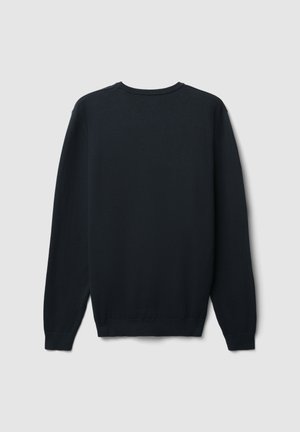 Maglione nero a maniche lunghe con scollatura a girocollo, realizzato in un tessuto a maglia liscia. Design semplice, senza motivi o decorazioni.