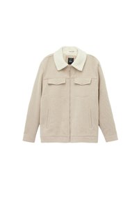 Beige kordjakke med en cremet faux shearling krave, frontlukning med lynlås, to brystlommer og sidelommer, som giver en struktureret finish.