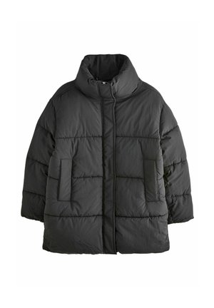 Veste en duvet noire unie, fabriquée en tissu synthétique matelassé. Elle présente un col montant et deux poches latérales. Texture lisse et forme carrée.