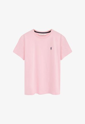 Lyserød kortærmet T-shirt med rund hals og lille navyblåt polospiller-logo broderet på venstre bryst.