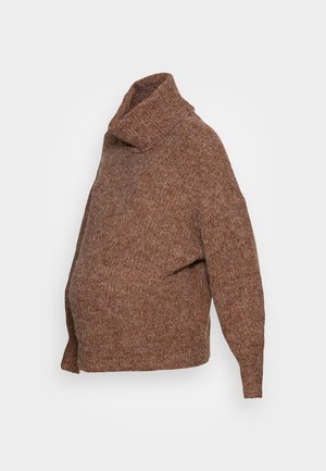 Brown knitted turtleneck sweater with long sleeves and a loose, slightly oversized fit against a plain background.