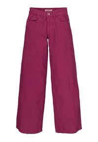 Pantalones de pierna ancha de algodón fucsia vibrante, con cierre de botón, dos bolsillos frontales y un diseño limpio y sin adornos.
