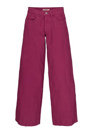 Pantalons larges en coton fuchsia vibrant, dotés d'une fermeture à bouton, de deux poches avant et d'un design épuré et sans embellissement.